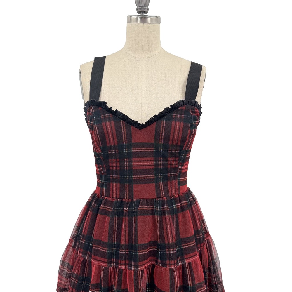Betsey Johnson Plaid Mesh Tulle Tiered Midi Dress 4 Tartan Romantic Goth 90s - Picture 3 of 12